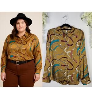 Cato 18/20W Satin Blouse Gold Horseshoe Bridle Print Long Sleeve Chic Equestrian